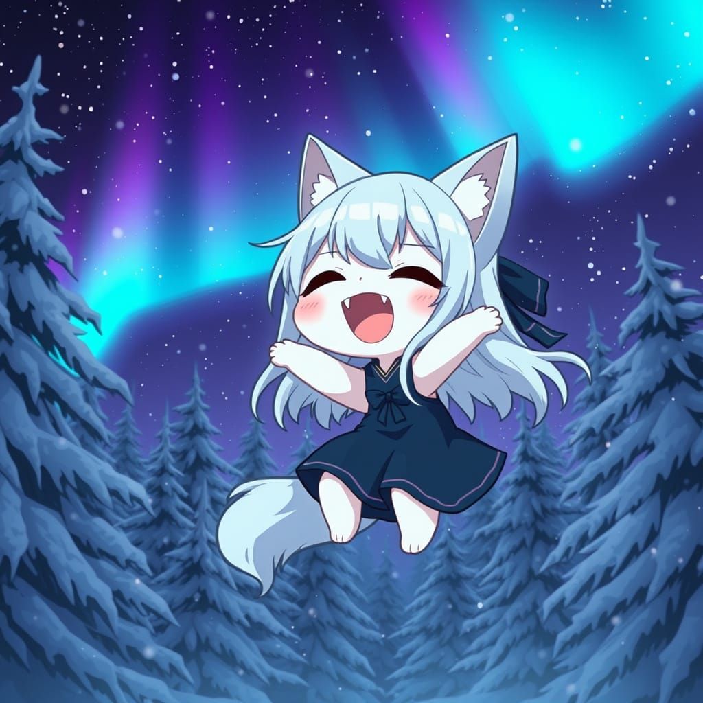 Adorable Chibi Catgirl Enjoys Northern Lights