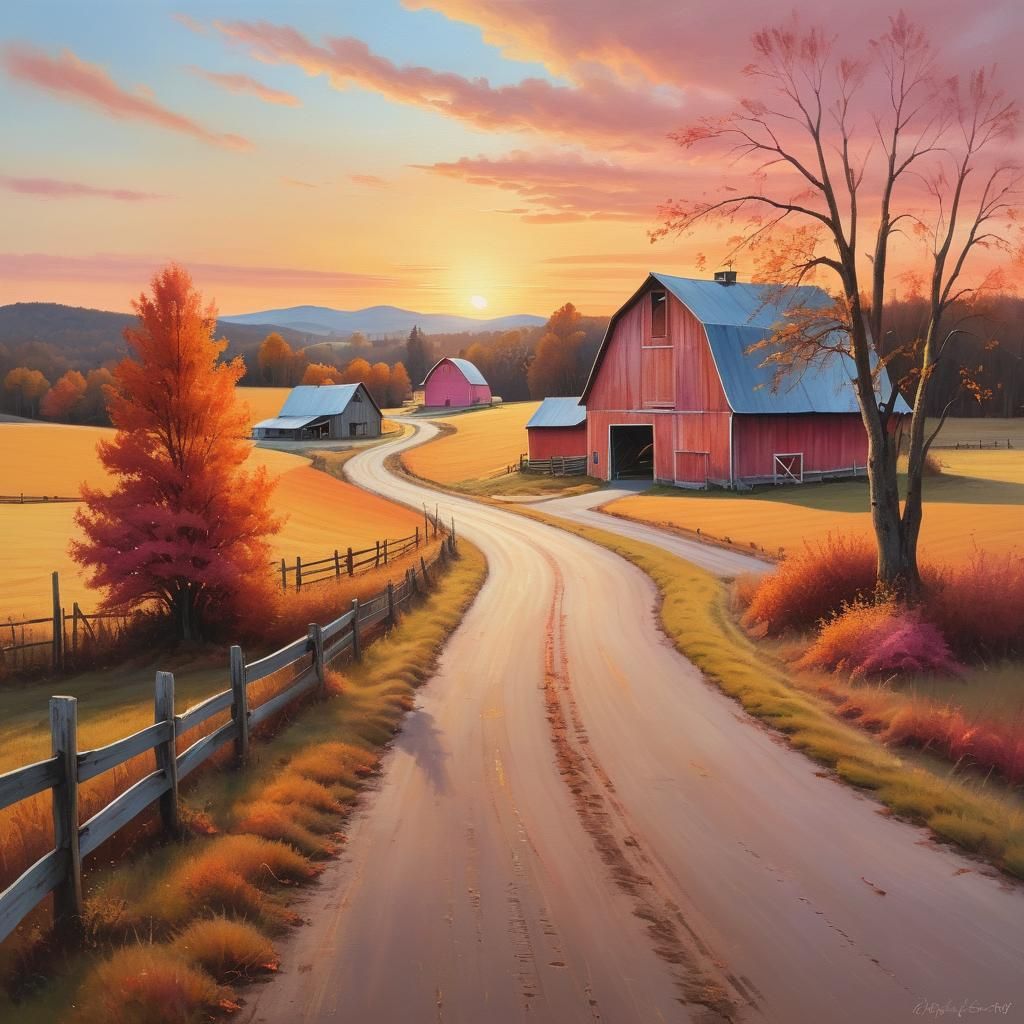 A Hyperrealistic canvas oil painting of an autumn countryside golden sunset. A serene landscape with a winding dirt roa...