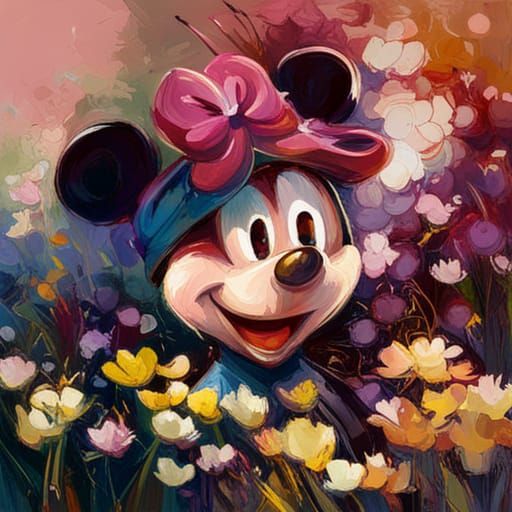 Mickey Mouse in Flower Field, Oil Painting Style