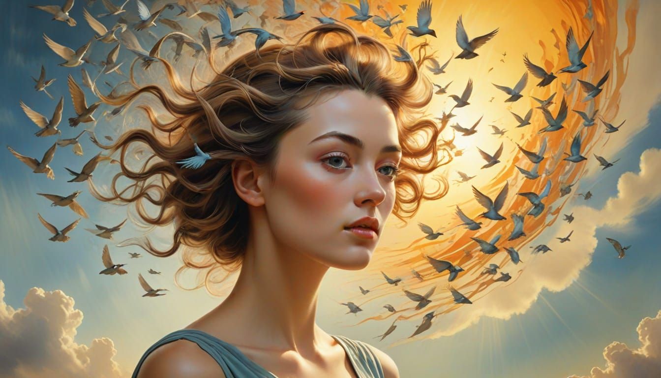 Surreal Woman's Hair Becomes Birds Flying to Divine Light
