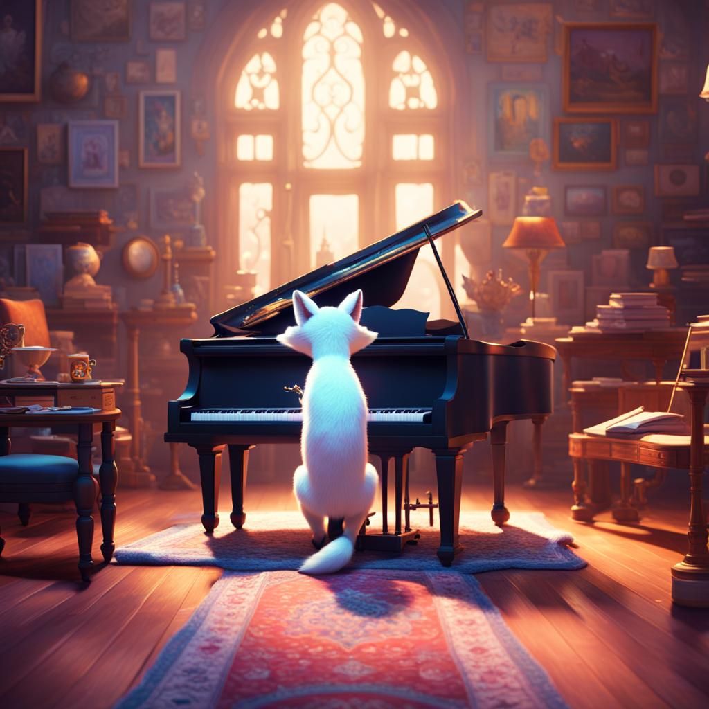 White Fox Playing Piano: 3D Digital Art