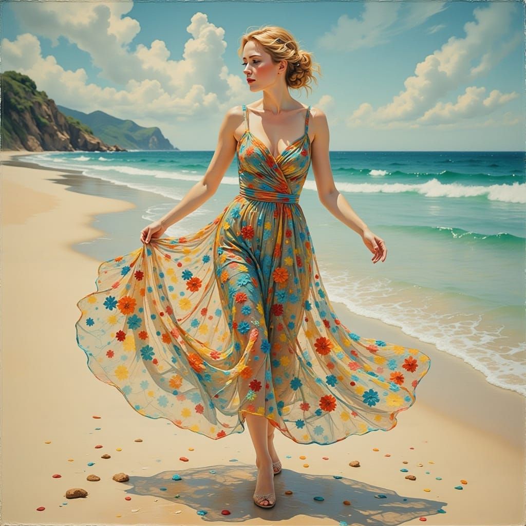 Dancing Woman on Beach in Art Nouveau Style