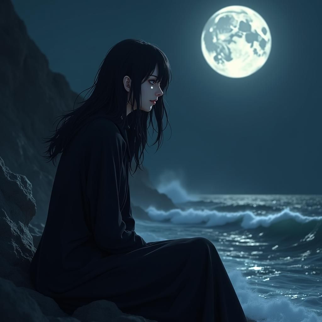 Lonely Woman on Cliff Edge in Anime Style