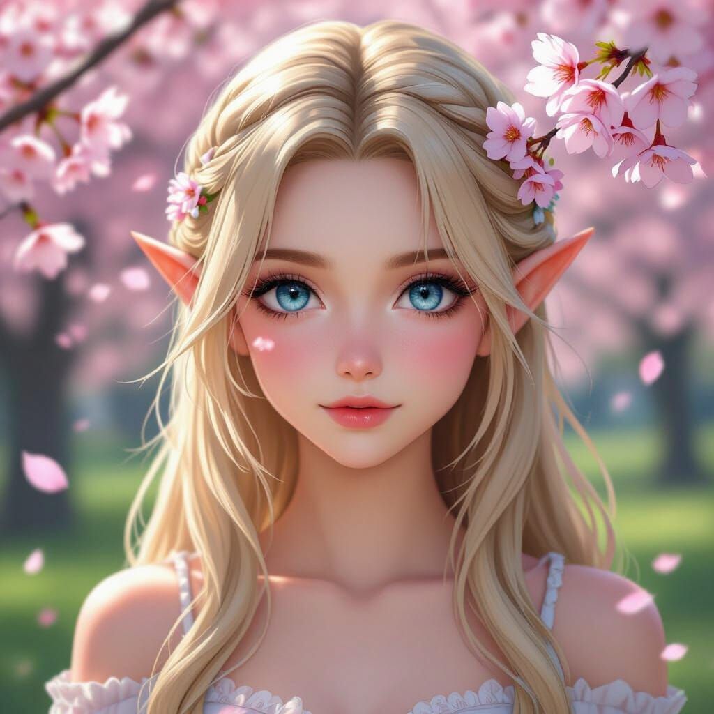 Beautiful Anime Elf in Cherry Blossom Garden