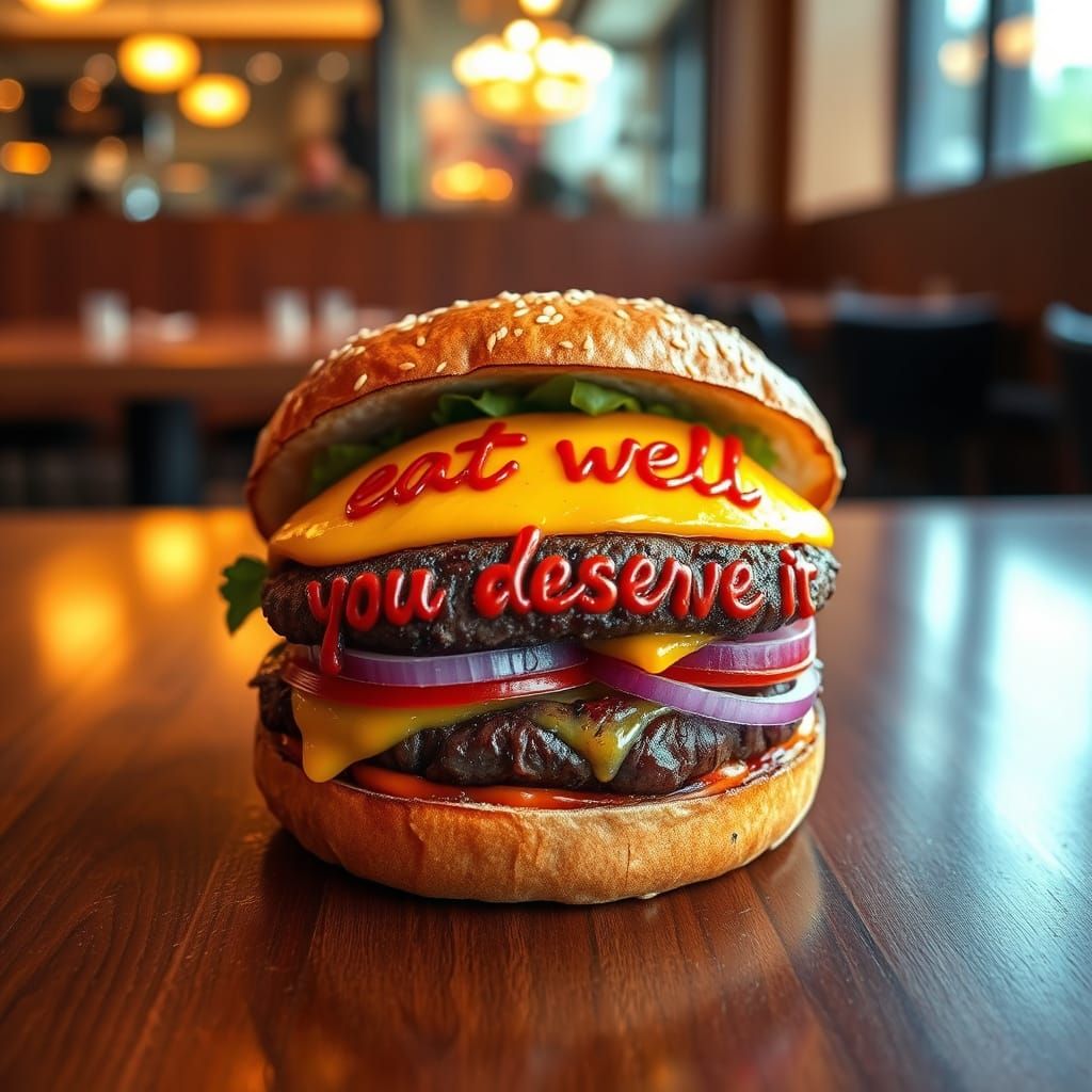 Exquisite Hamburger Art with Tomato Sauce Message