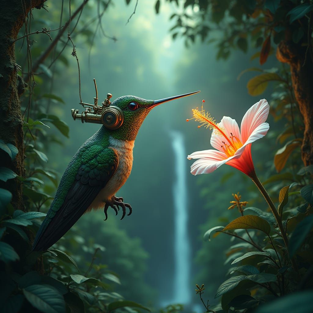 Steampunk Hummingbird in Bioluminescent Jungle Valley