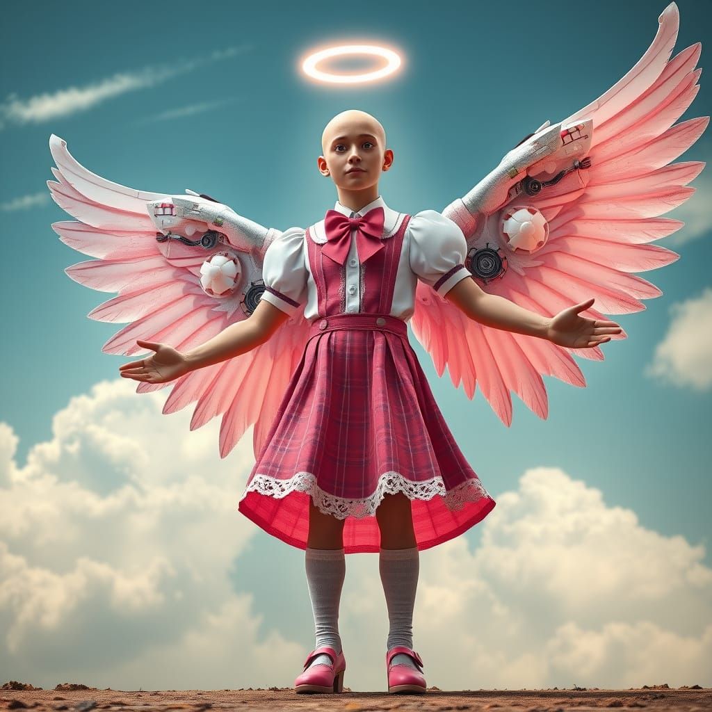 Angelic Schoolboy with Radiant Halo and Mechanical Wings