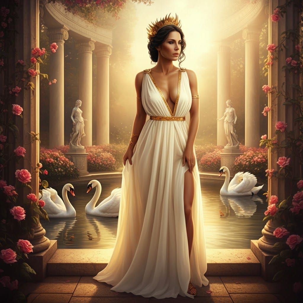 Elegant Roman Queen in Lush Rose Garden