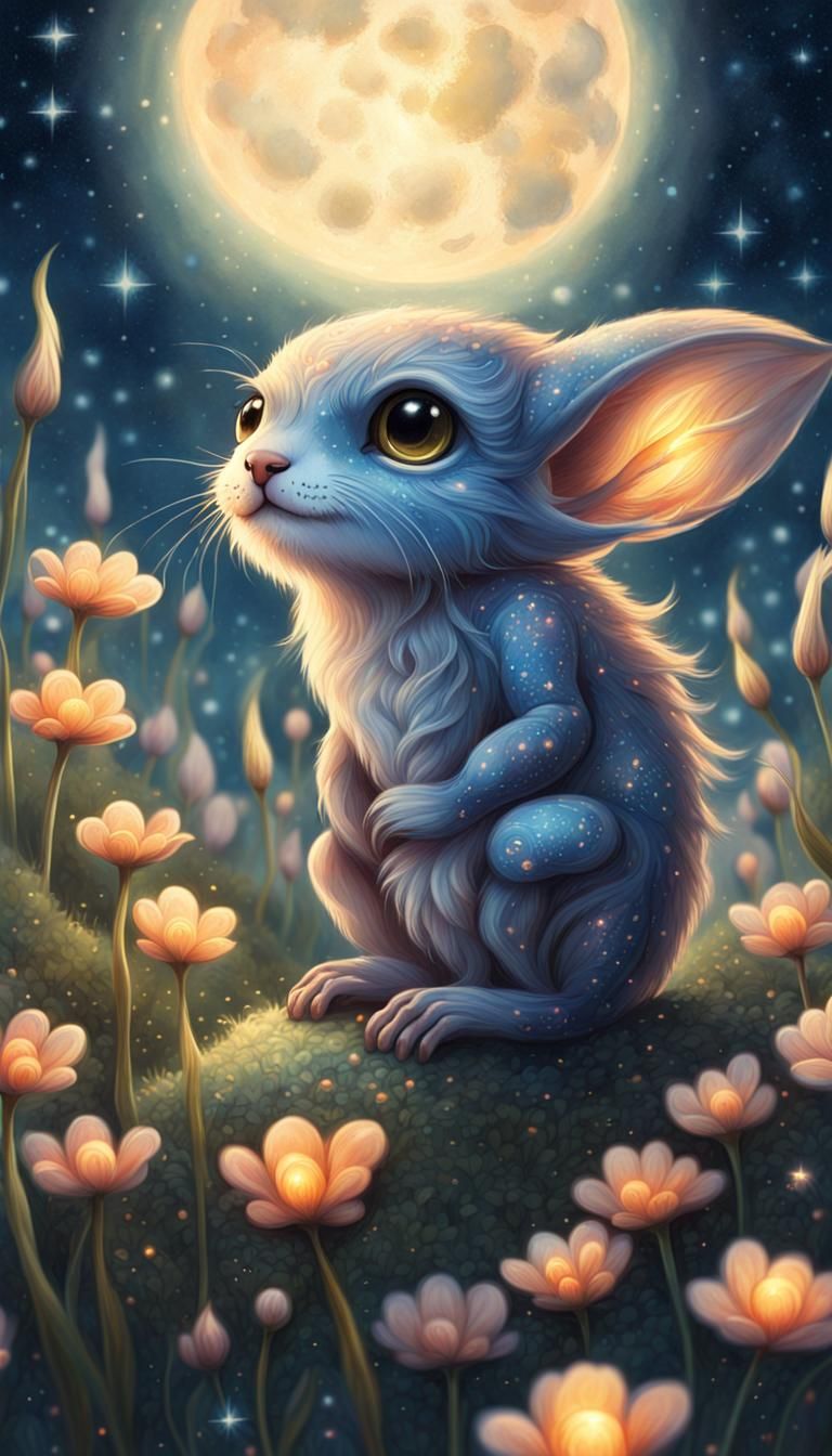 Fantasy Creature in Moonlit Flower Field Painting