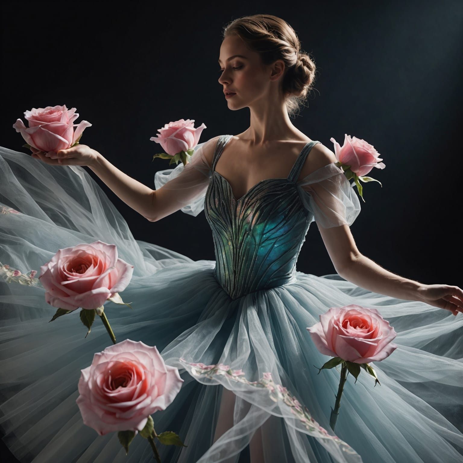 Free Flowing Tulle Roses in Holographic Overlay