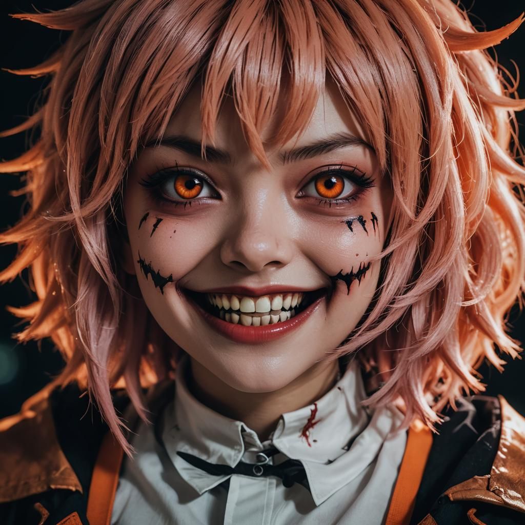 Menacing Horror Cosplay with Sharp Teeth in Cinematic Lighti...