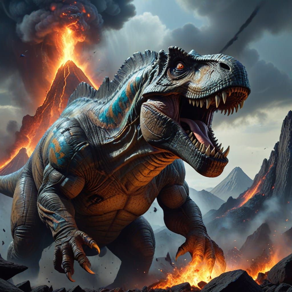Tyrannosaurus Rex Roars as Volcano Erupts