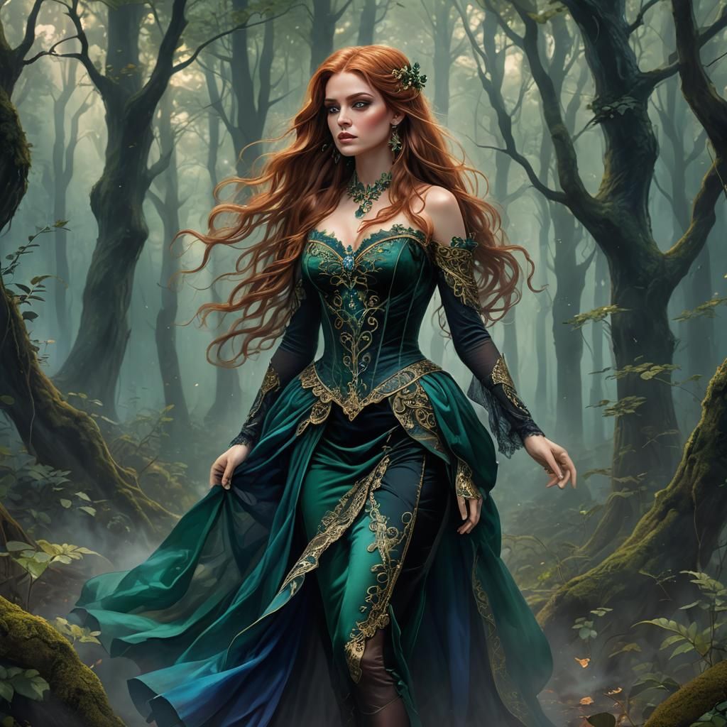 Auburn Haired Lady in Misty Forest, Fantasy Art