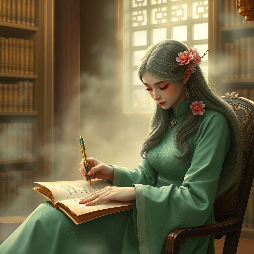 Ethereal Thai Scribe in Serene Library