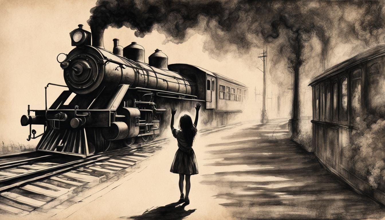 Girl Waving at Train: Steampunk Charcoal Art