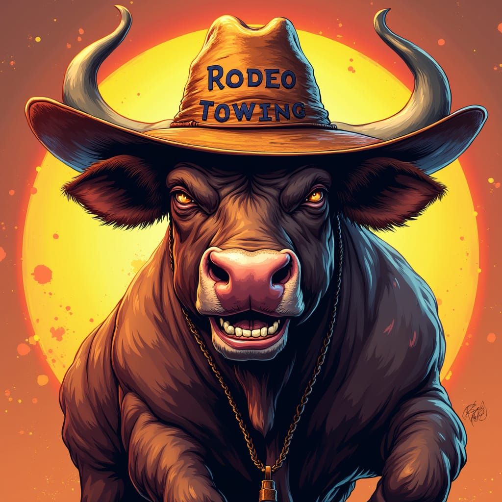 Aggressive Smiling Bull in Cowboy Hat, Digital Art