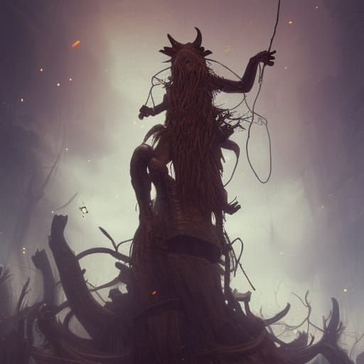 Dark Wooden Idol with Horse Legs and Fireflies