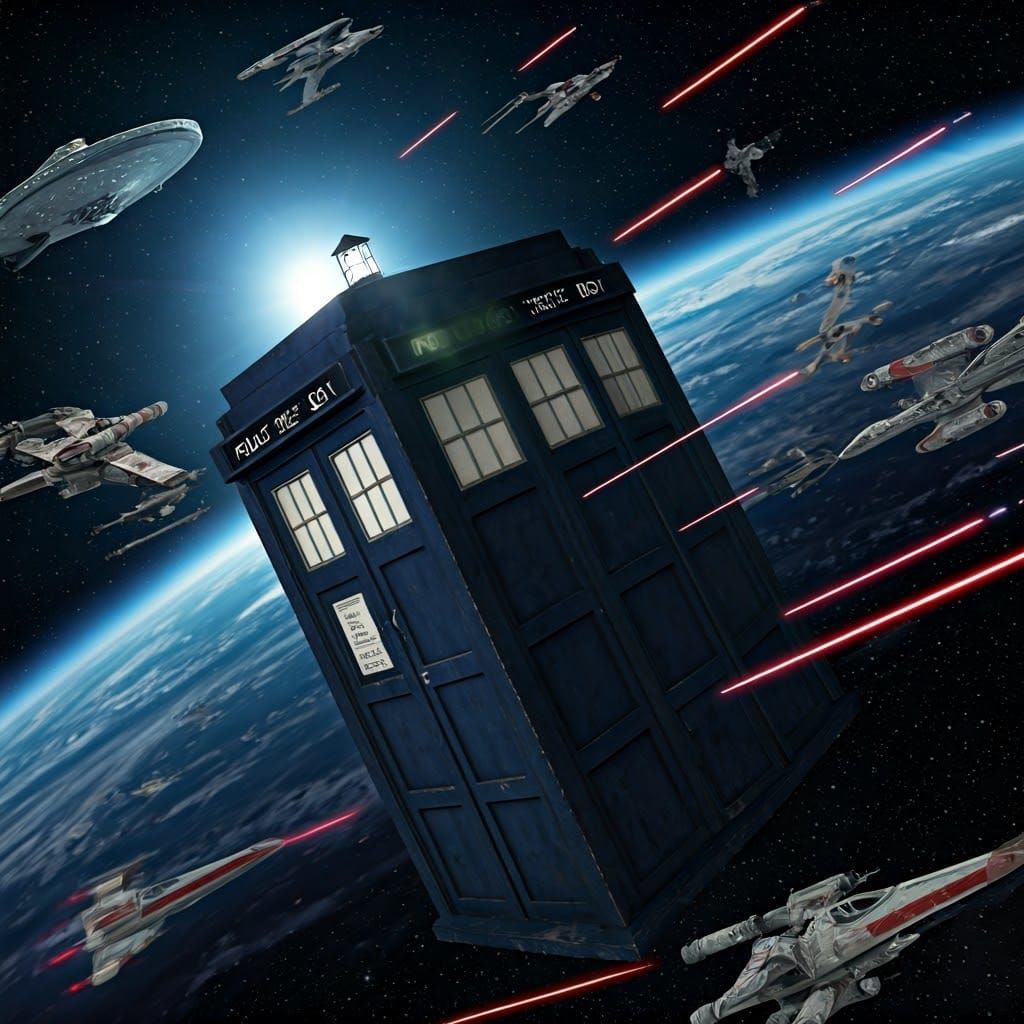 Time Traveling Police Box Amidst Intergalactic Battle