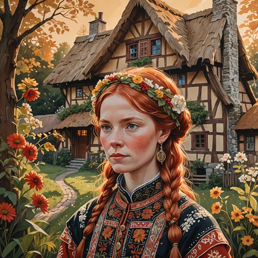 Folk Style Gouache Painting of Woman in Cottage