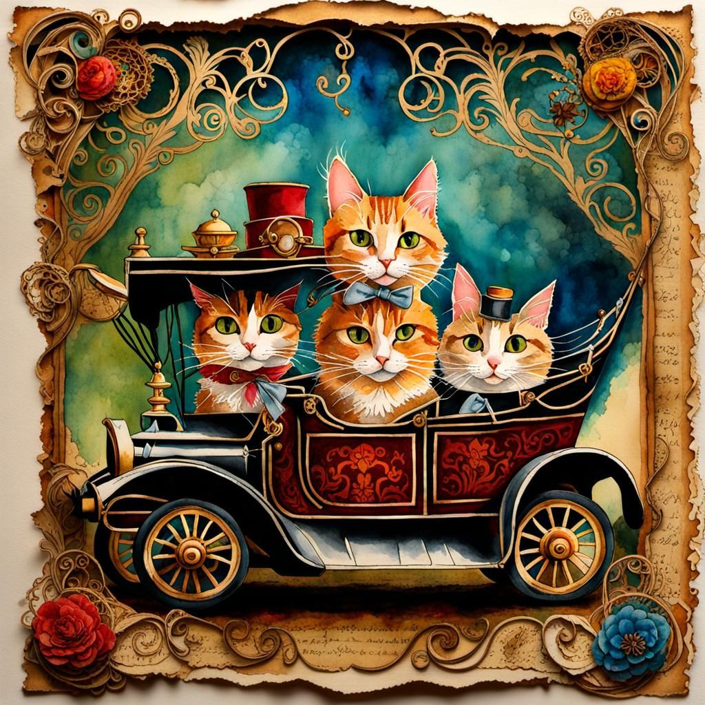 Cats Recreate Chitty Chitty Bang Bang in Watercolor