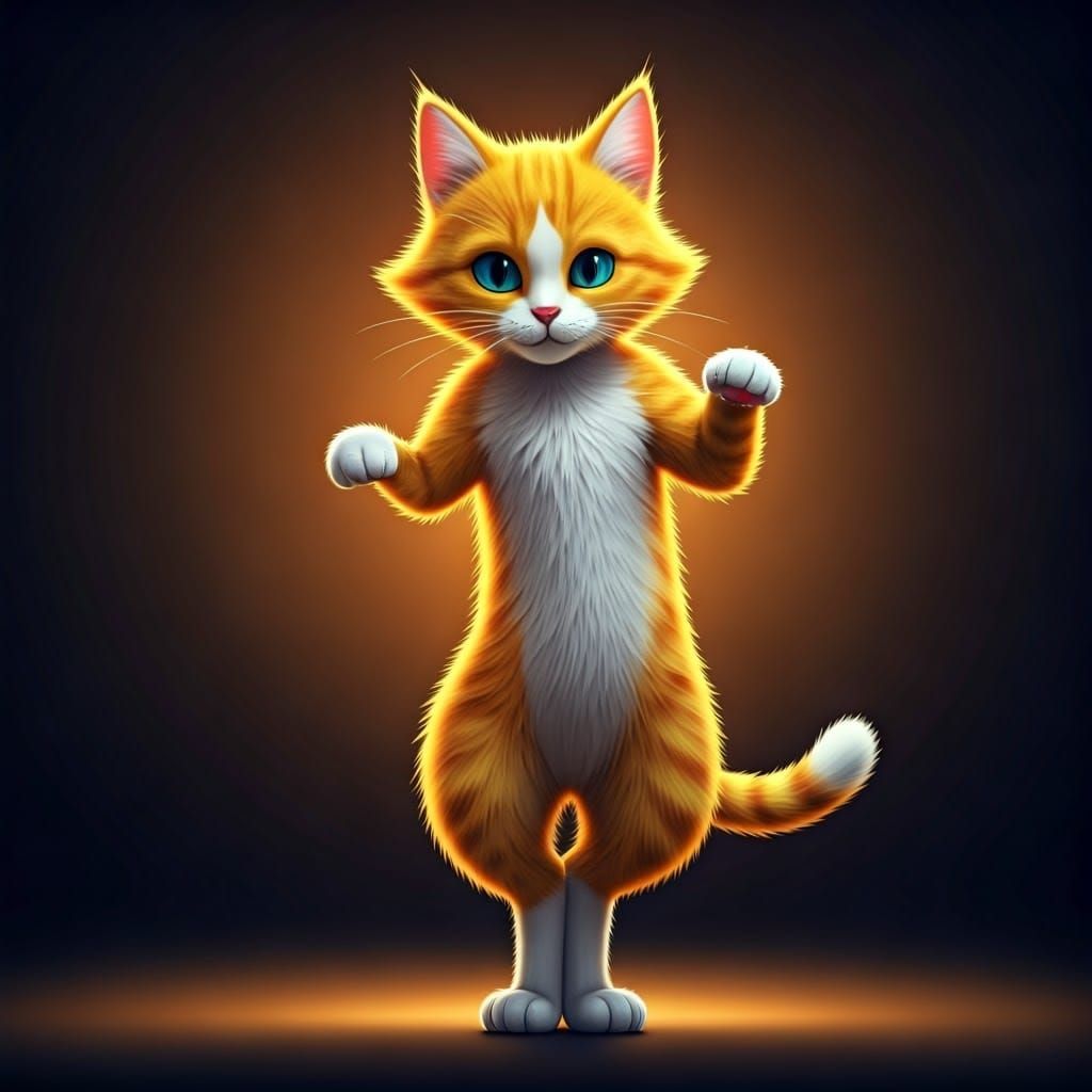 Vibrant Yellow Cat Dances in a Dark, Futuristic Scene