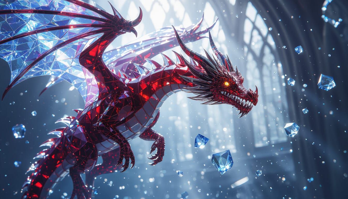 Photorealistic Ruby Dragon Sculpture Gleaming with Light