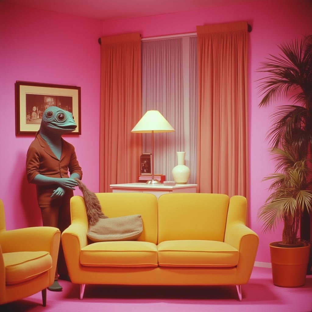 Surreal Scene in Retro Living Room with Vintage Creature