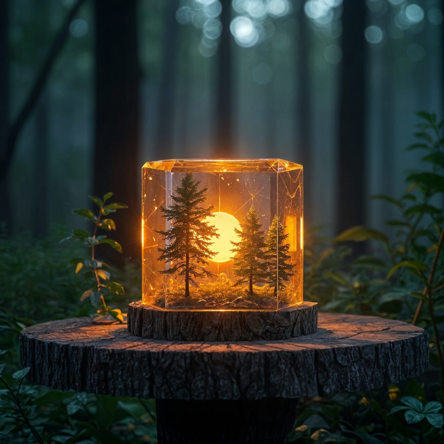 Miniature Sun in Glass Cube Illuminates Forest