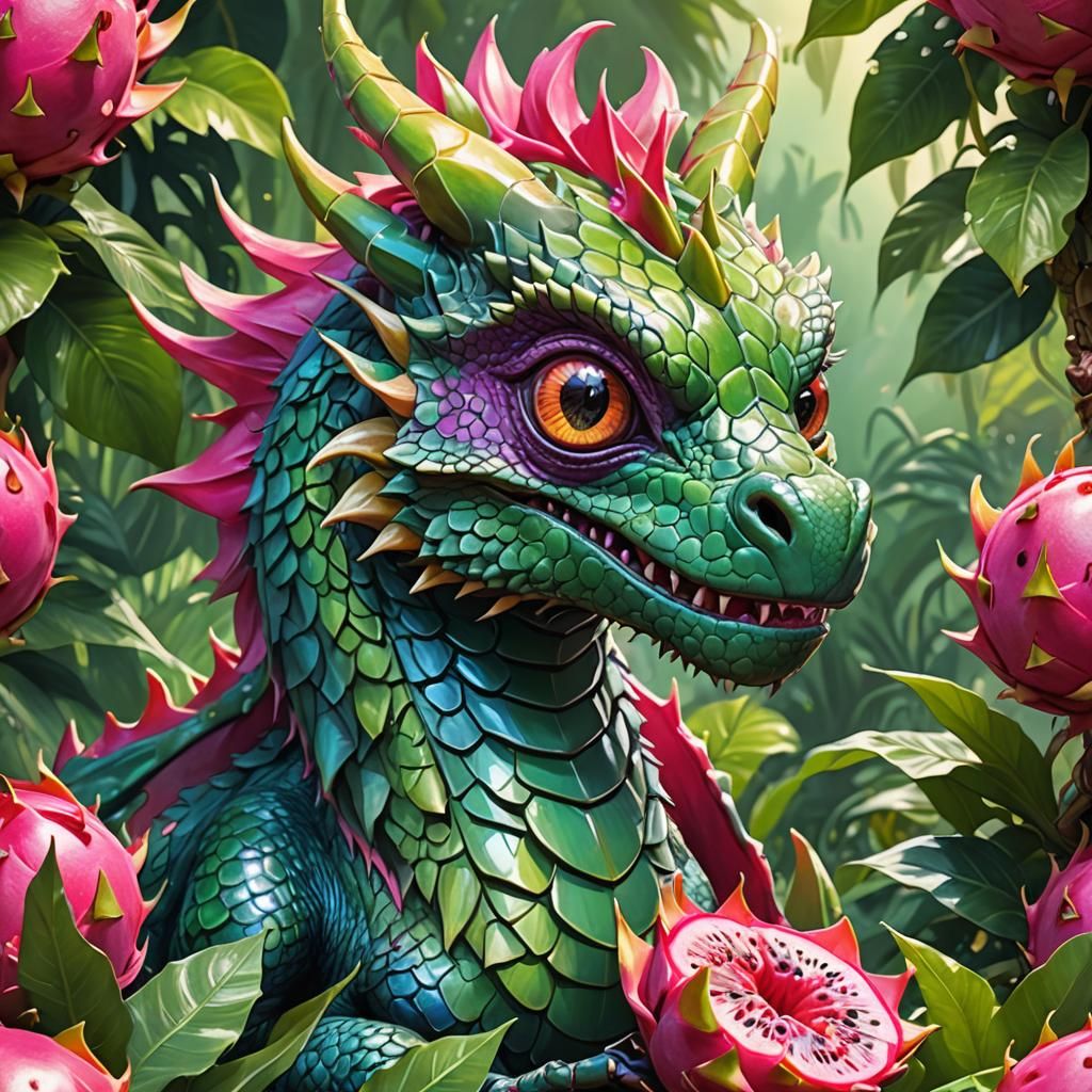 Dragon with Dragon Fruit in Lush Garden