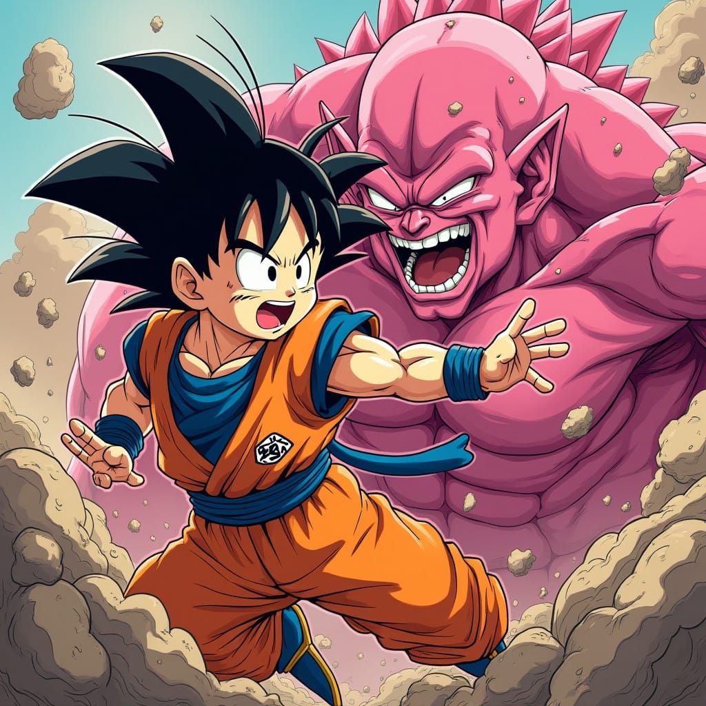 Goku Battles Majin Buu in Vibrant Anime Style