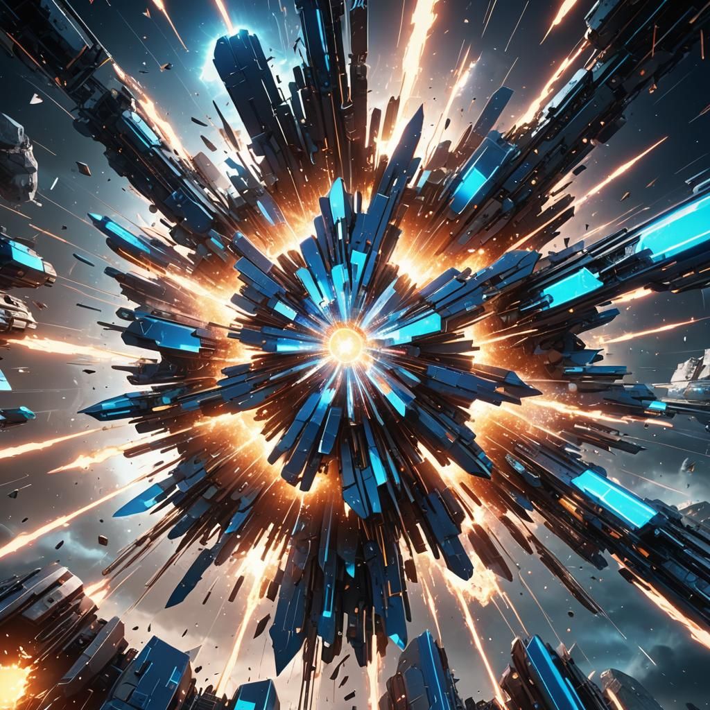 Explosive Sci-Fi Collision in Anime Style