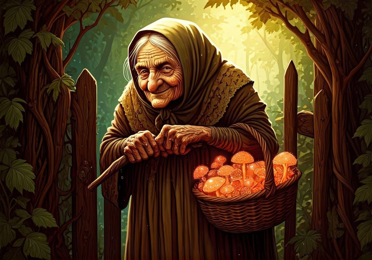 Ancient Herbal Witch Leans Against Garden Gate, Surrounded b...