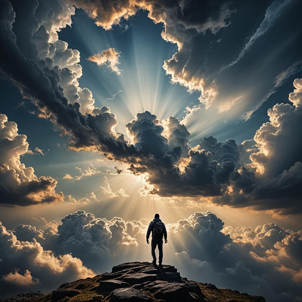 Man Ascending to Heaven in Dramatic Sky