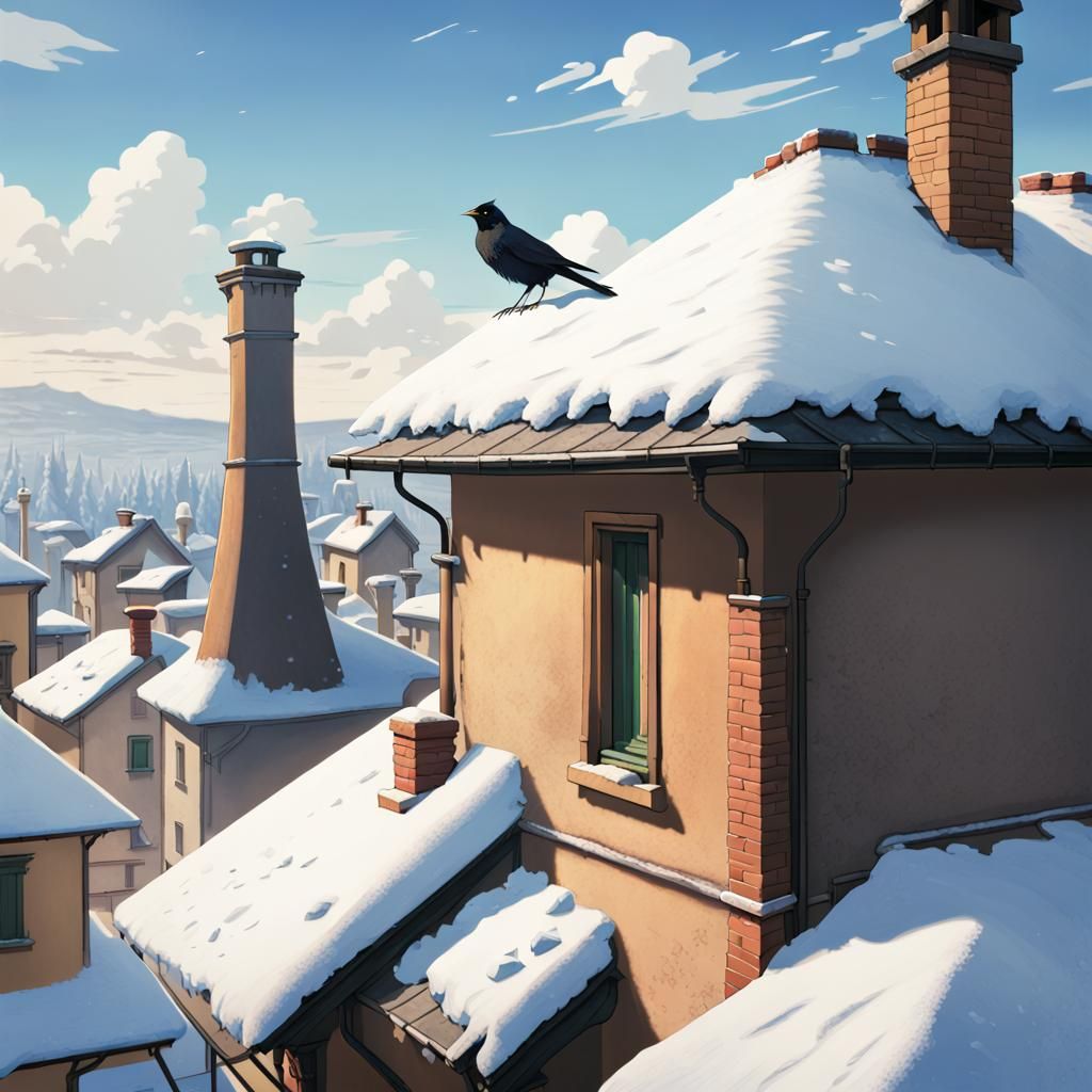 Blackbird in Winter: Anime-Inspired Frosty Italian Rooftop