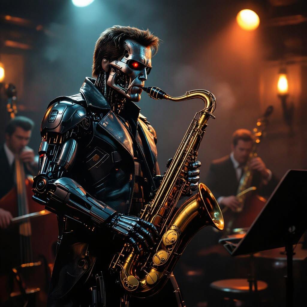 Terminator Plays Saxophone in Smoky Jazz Club