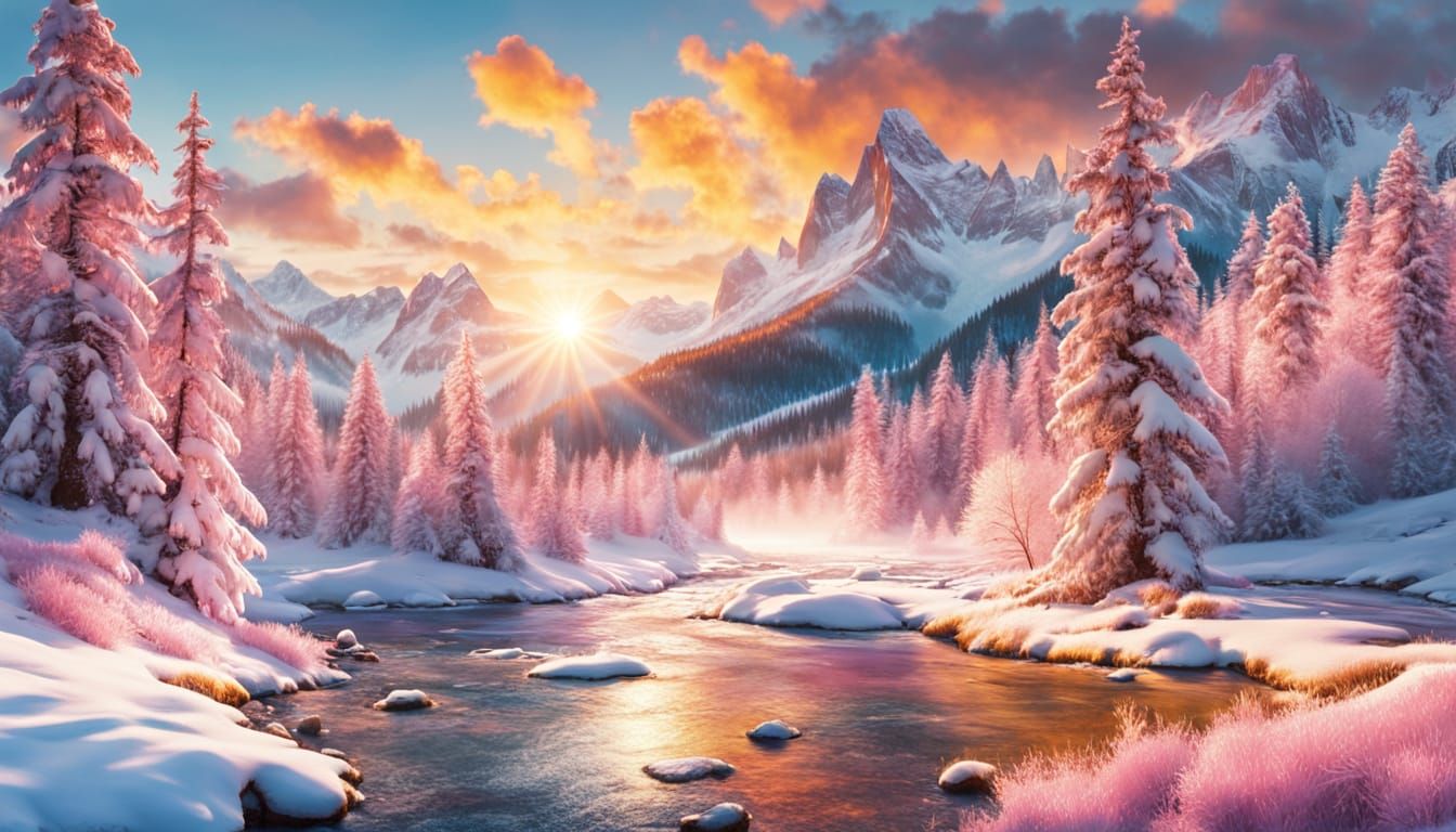 Snowy Mountain Valley in Vibrant Oil Painting Style