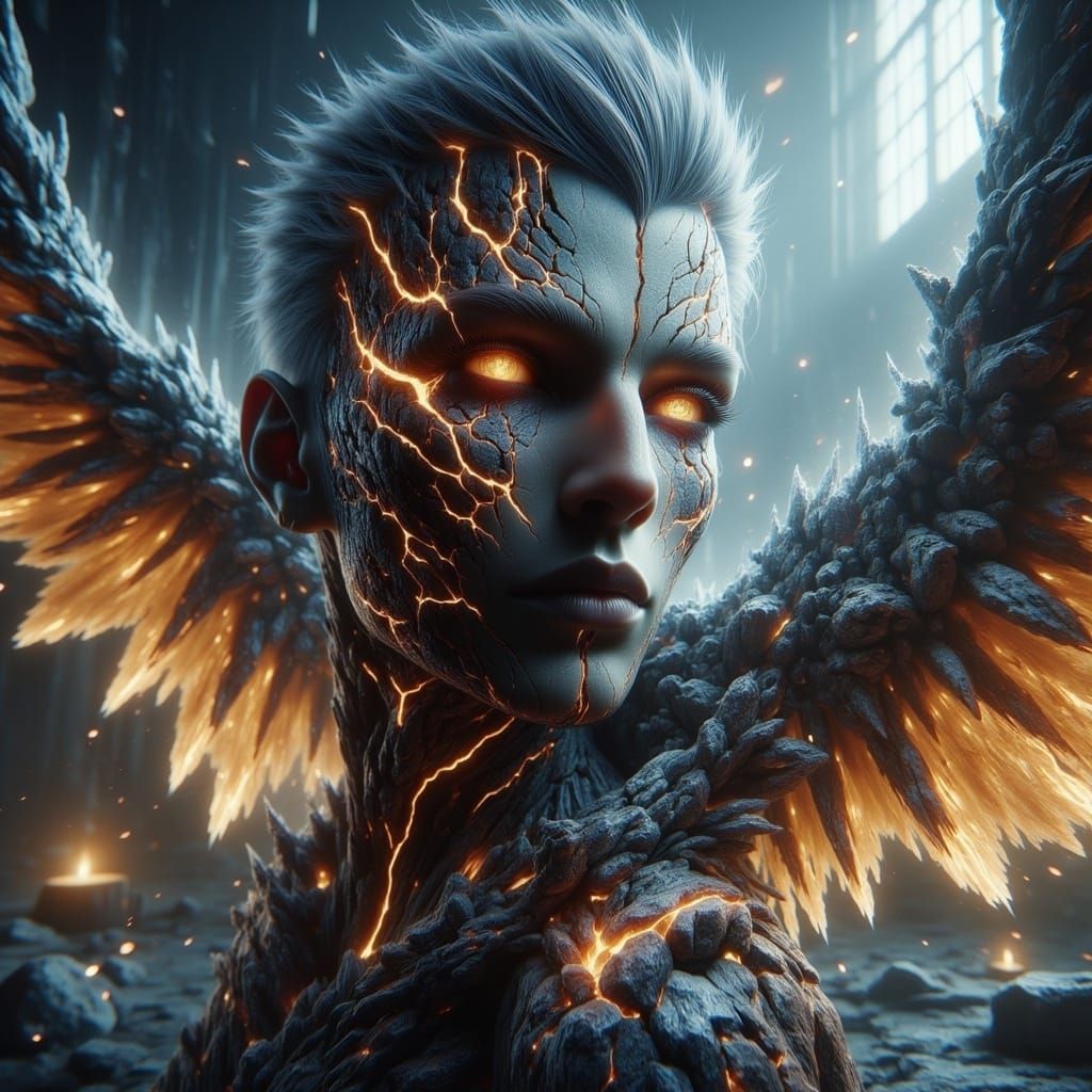 Ethereal Vampire in Snowy Landscape with Golden Wings