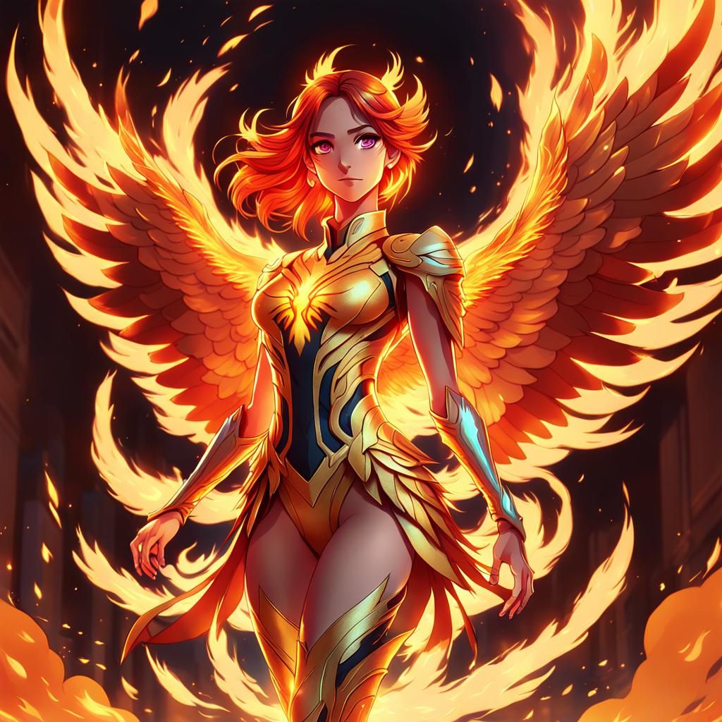 Fiery Phoenix Girl in Manga Anime Style
