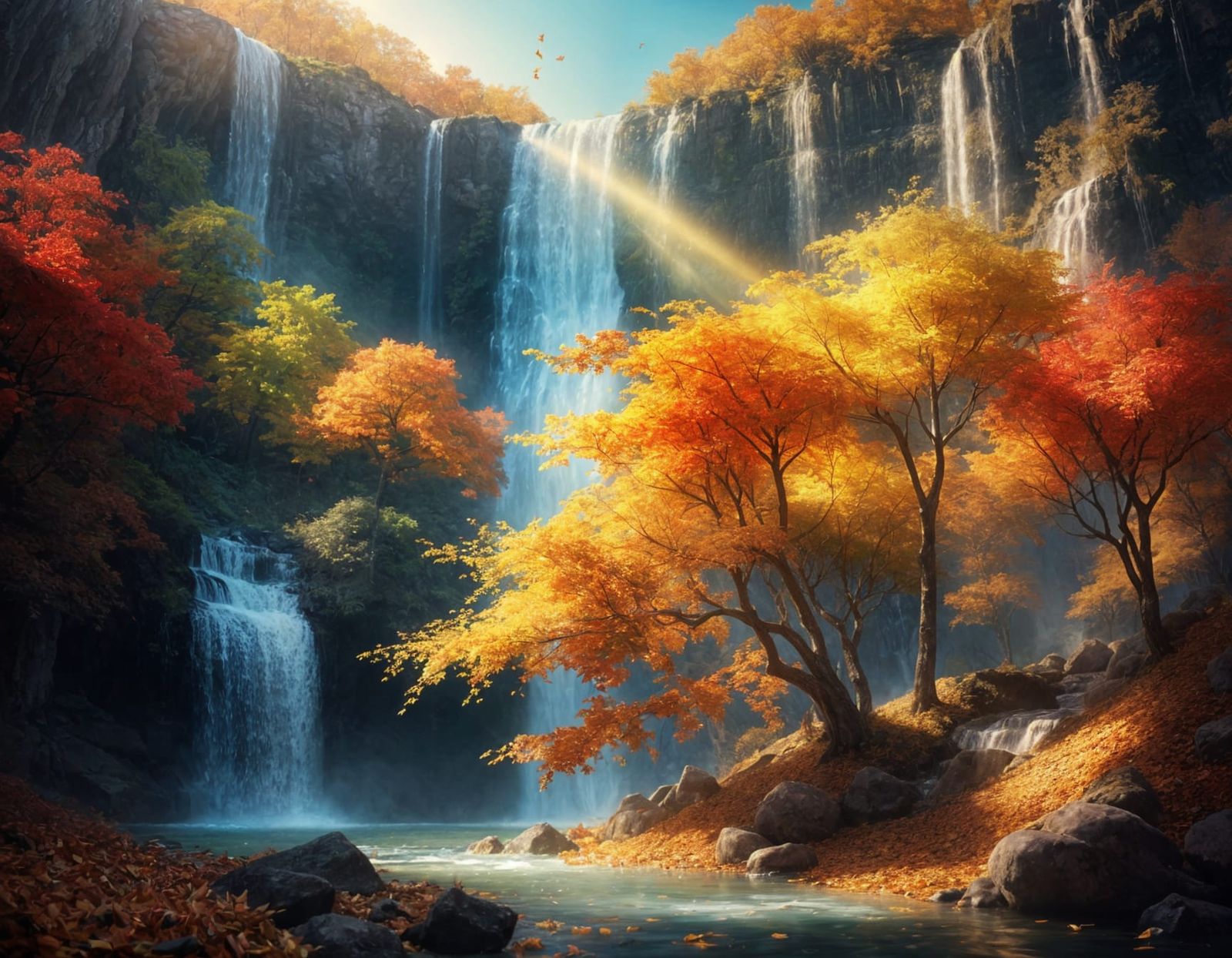 Surreal Autumn Waterfall of Leaves with Lens Flare