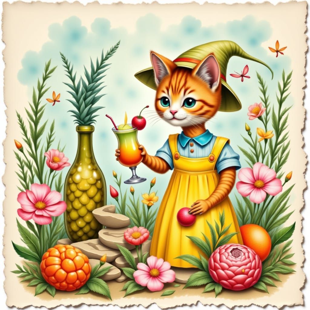 Whimsical Cat in Vintage Washed Watercolor