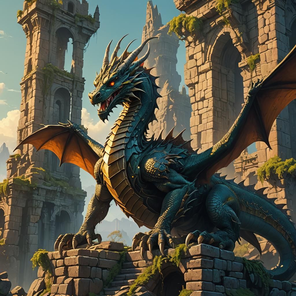 Jet-Powered Dragon on Ancient Ruins in Matte Painting Style