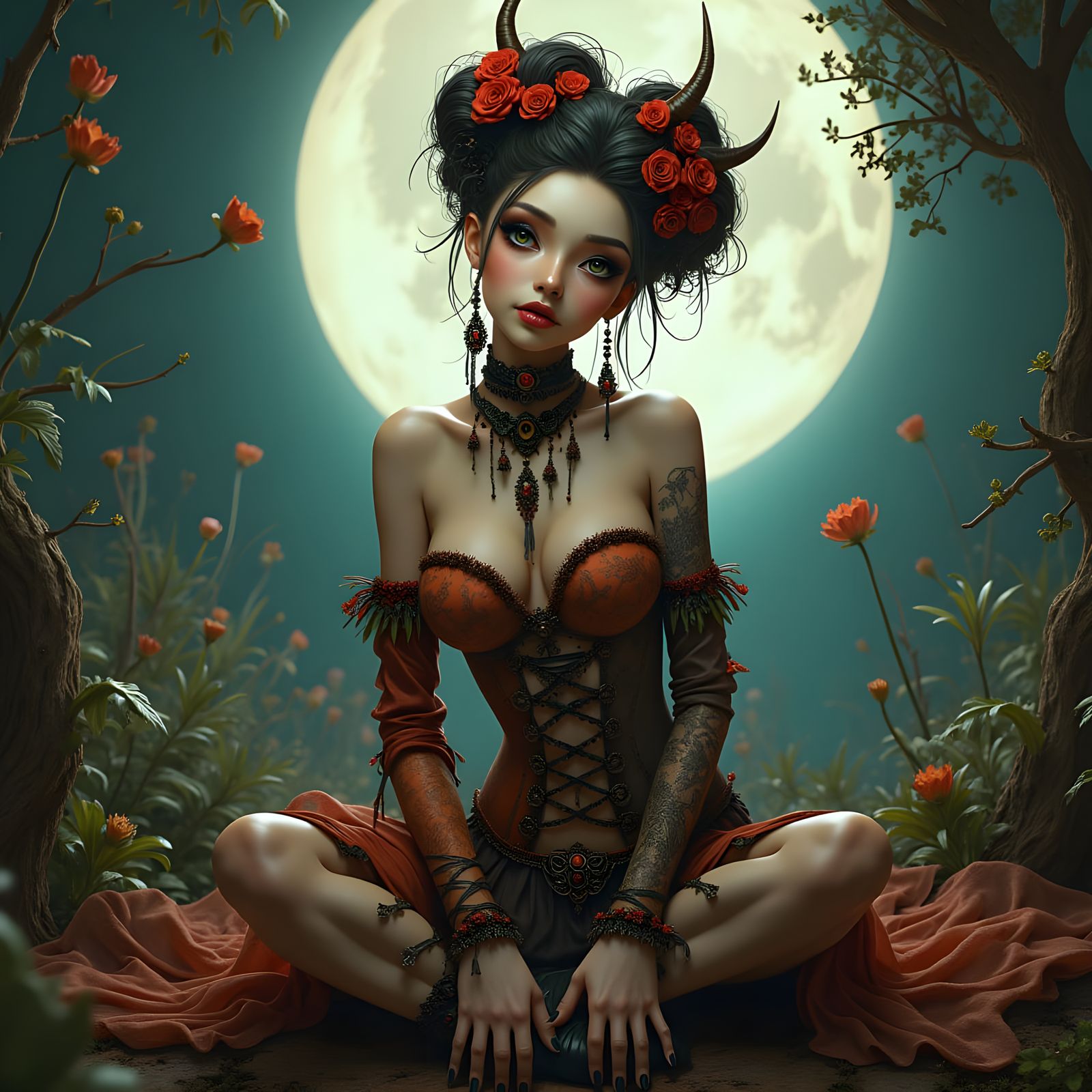 Alluring Woman in Steampunk Garden, Art Nouveau Style