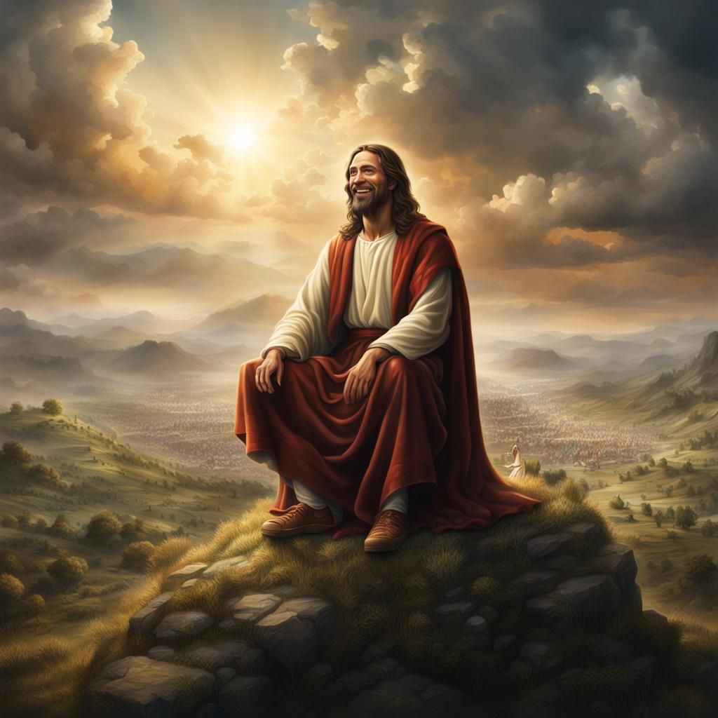 Smiling Jesus Christ Delivers Sermon on Mount