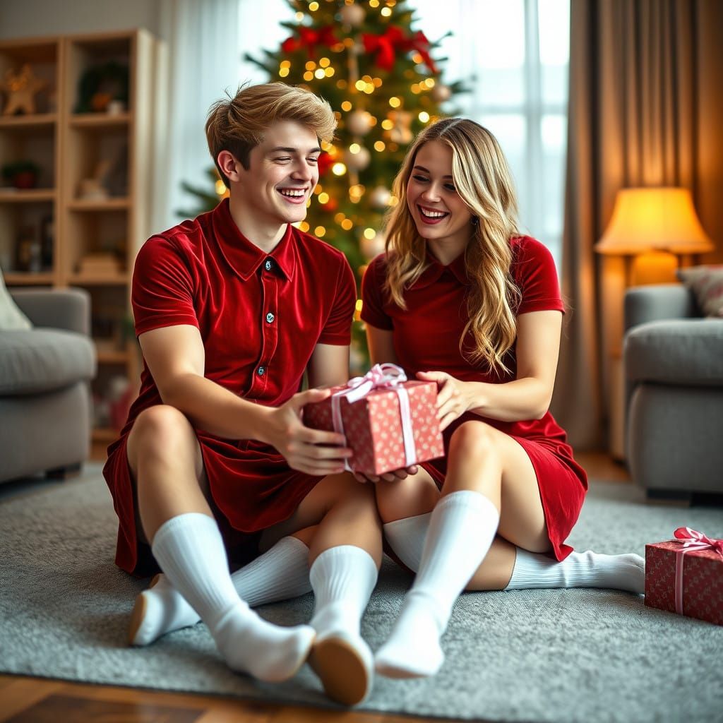 Joyful Christmas Couple in Velvet Red Dresses