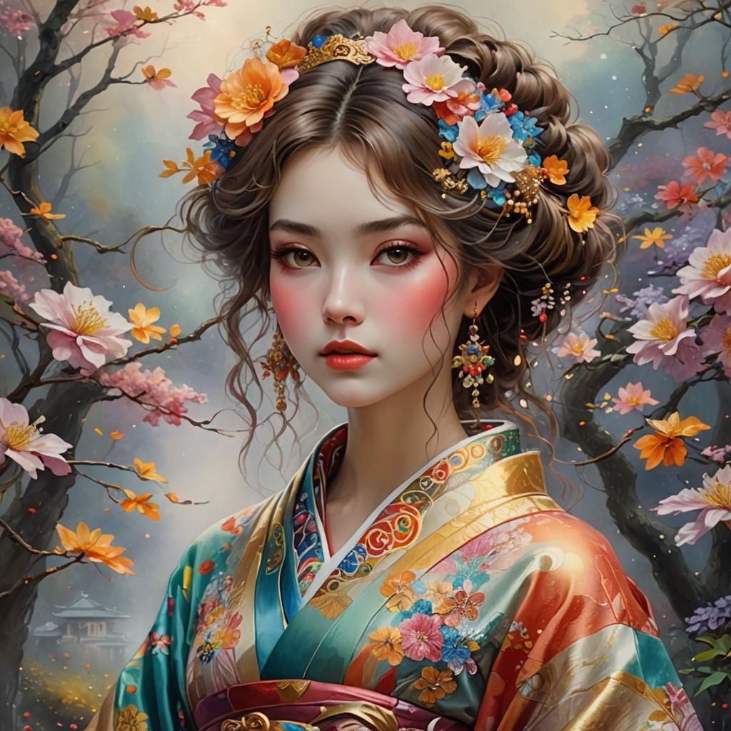 Girl in Kimono, Gustav Klimt Style