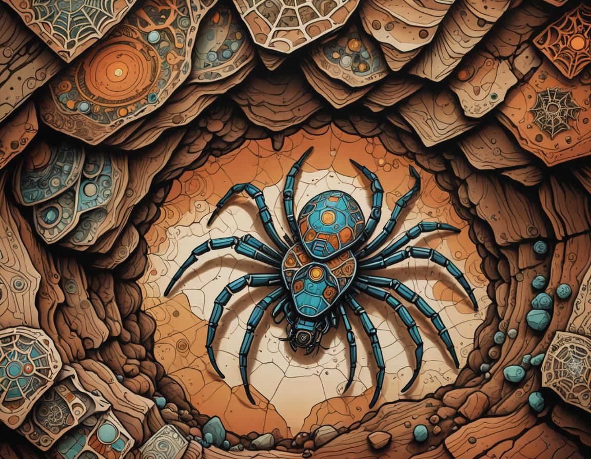 Zentangle Spider Robot on Mars in Colored Ink