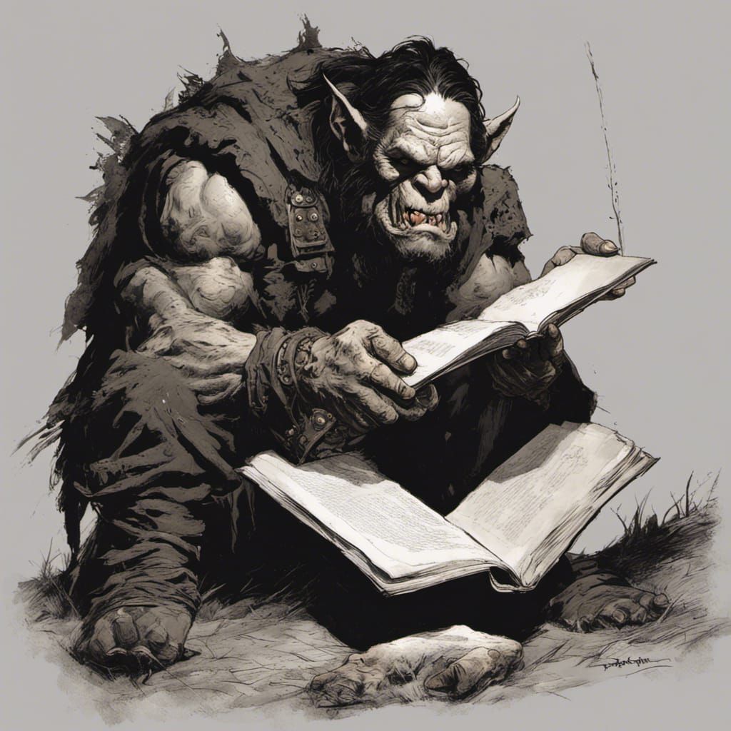 Orc Struggles to Read in Dark Fantasy Style