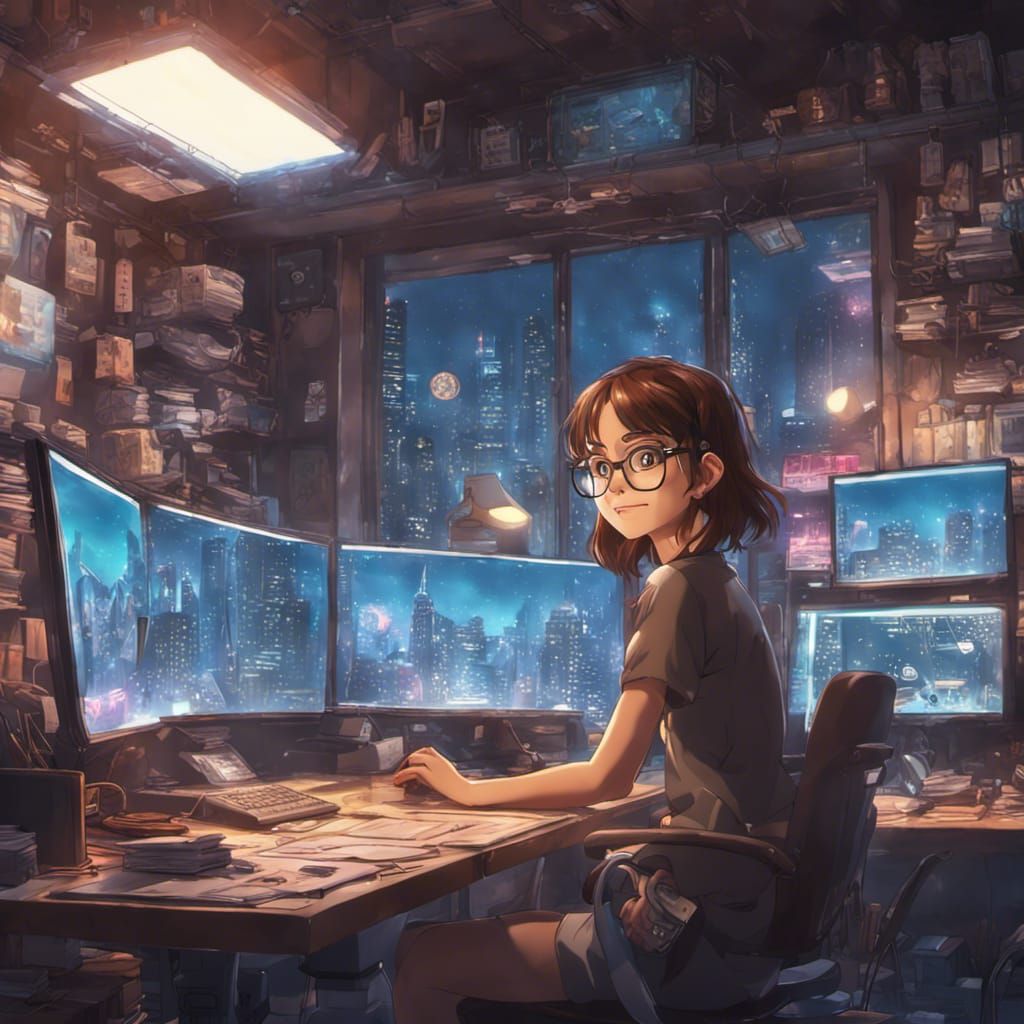 Girl in Cyberpunk Room, Anime Style