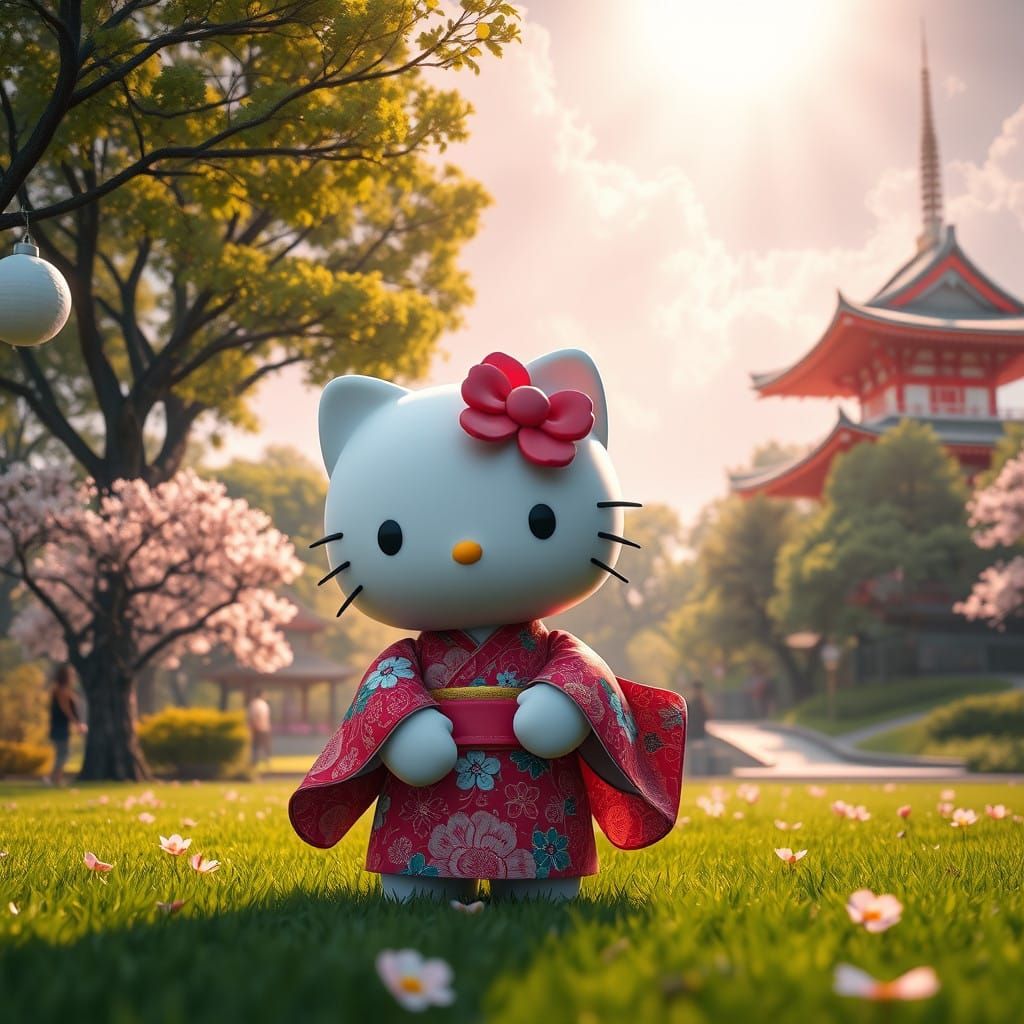 Hello Kitty in Vibrant Floral Kimono, Senso Ji Temple Backgr...