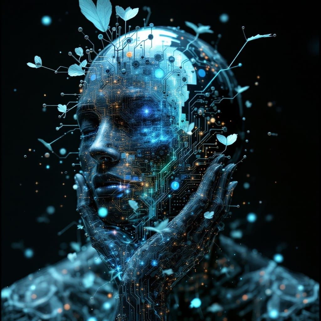 Digital Dreamscape with Botanical Circuitry in Ash-Wash Abst...